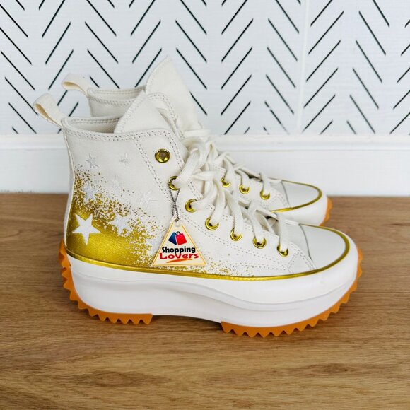 Converse Run Star Hike Hi Men Shoes Sz 6 Gold Embroidered Stars Platform A12900C - Picture 1 of 10